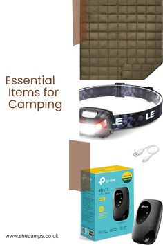 items for camping including headlamps, light and remote control are shown in this image