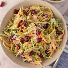 a bowl filled with coleslaw and cranberries next to another bowl full of salad