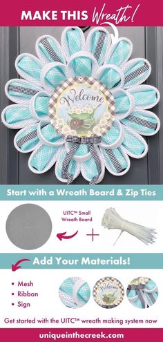 a blue and white wreath with the words welcome on it, next to instructions for how to