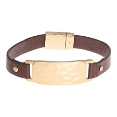 "You'll love having this Bella Uno leather and metallic ID boyfriend bracelet in your jewelry collection. You'll love having this Bella Uno leather and metallic ID boyfriend bracelet in your jewelry collection. Length: 8 in. Metal: zinc Finish: worn Packaging: decorative card Please note, due to the high value of this item, a signature may be required upon delivery. Size: 8"". Color: Gold. Gender: female. Age Group: adult." Adjustable Gold Leather Bracelet For Everyday, Adjustable Gold Jewelry With Leather Strap, Adjustable Gold Leather Bracelet, Adjustable Gold Bracelets With Leather Strap, Gold Leather Bracelets For Everyday Use, Gold Jewelry With Adjustable Leather Strap, Gold Leather Bracelet As Fashion Accessory, Everyday Gold Leather Bracelets, Adjustable Metal Bracelets For Everyday