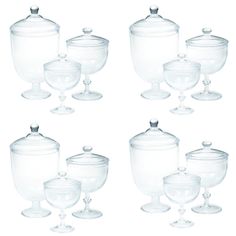 six clear glass dishes with lids on each one