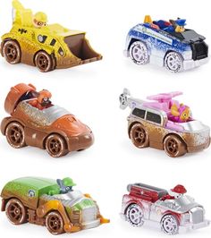 six toy cars with different colors and designs