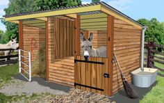 a donkey sticking its head out of a shed