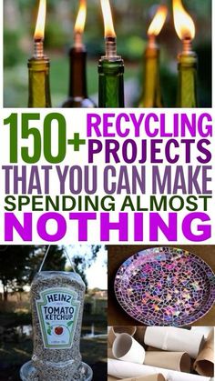 some candles that are sitting on top of a table with the words, 50 recycling projects that you can make spending almost nothing