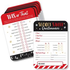 three red and white tags with the words secret santa on them