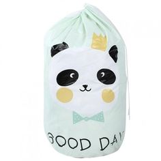 a panda bag with the words good day on it and a bow tie around its neck