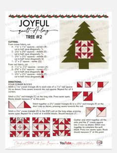 the joyful christmas tree quilt pattern is shown in red and green, with instructions to make