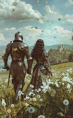 two people in armor walking through a field with dandelions