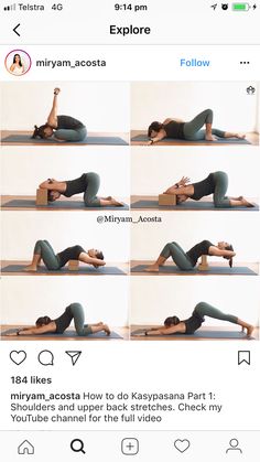 a woman is doing yoga poses on her cell phone, with the caption below