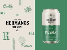 a can of beer with the words hermanos brewing and pilsner on it