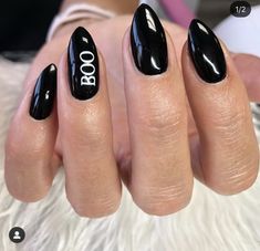 23. Sleek Black with a Spooky Message Oval Halloween Nails, Black Halloween Nails Short, Easy Halloween Nails Simple, Simple October Nails, Black Spooky Nails, Simple Spooky Nails, Cute Halloween Nails Simple, Simple Halloween Nails Short, Subtle Halloween Nails