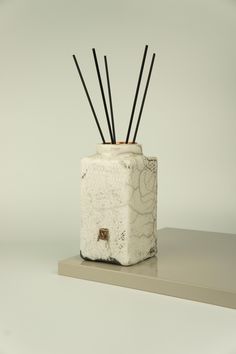 a white vase with black sticks sticking out of it's sides on a shelf