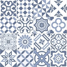 a blue and white tile pattern with different shapes, sizes and colors on it's sides