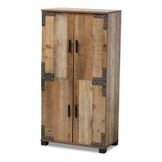 a tall wooden cabinet with metal handles