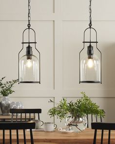 two glass pendant lights hanging from the ceiling above a dining room table with chairs and potted plants