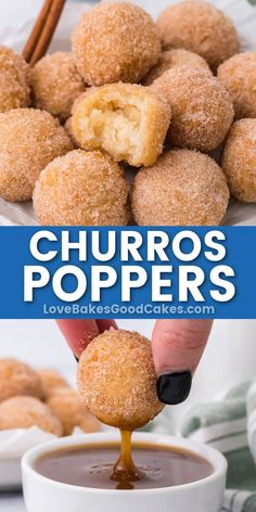 two photos with the words churros poppers being drizzled over them