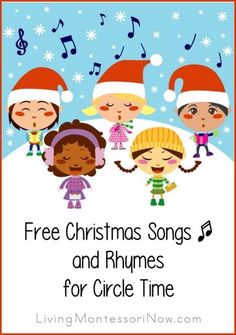 a christmas song with five children singing in the snow and music notes on the background