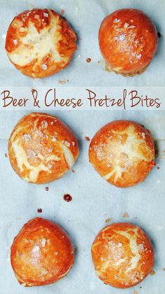 some bread rolls are sitting on a piece of parchment paper with the words beer and cheese pretzel bites