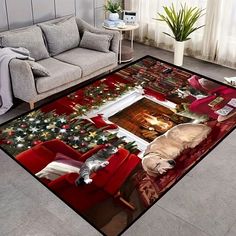 a living room area rug with christmas decorations on it