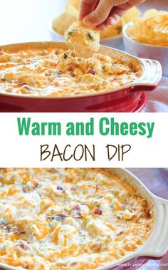 the bacon dip is being served in a red casserole dish