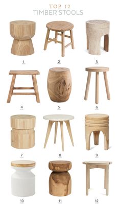 wooden stools and tables are shown with the names for them in white letters on top