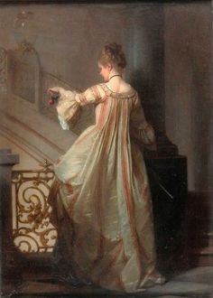 a painting of a woman in an elegant dress standing at the top of some stairs