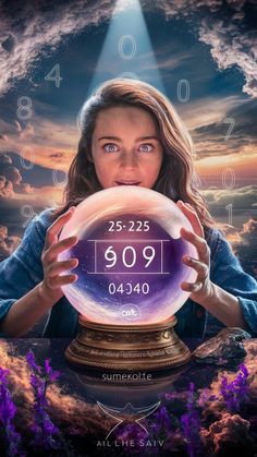 a woman holding a crystal ball in front of her face with the numbers 999 on it