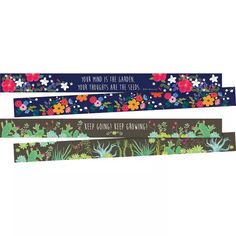 three colorful bookmarks with flowers and plants on them, one has the words keep going