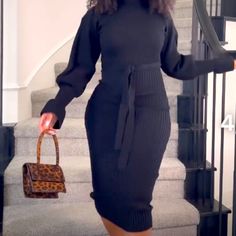 High Quality, Soft Little Black Sweater Dress Casual Fall Midi Dress For Going Out, Black Midi Dress For Workwear In Fall, Black Midi Dress For Work In Fall, Black Midi Dress For Workwear In Winter, Black Midi Dress For Winter Workwear, Black Midi Dress For Work In Winter, Knee-length Black Midi Dress For Winter, Black Lace Midi Dress For Fall, Black Belted Dress For Winter