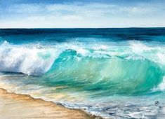 an oil painting of waves crashing on the beach