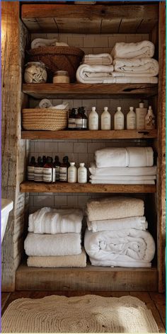 the shelves are filled with towels and other items