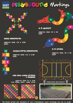 an advertisement for playground markings with different colors and shapes on it, including numbers and letters