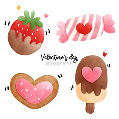 watercolor valentine's day clipart set with hearts, ice cream and cookies