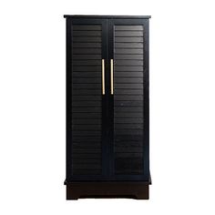 a tall black cabinet with two doors