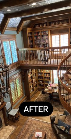 the inside of a house with stairs and bookshelves