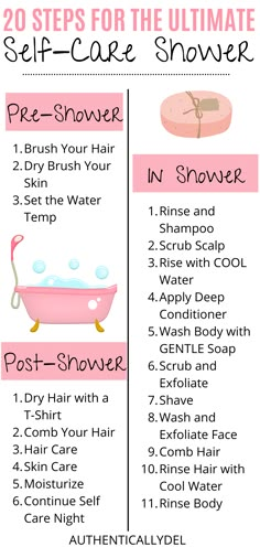 This incredilbe self care shower routine is perfect for anyone looking to relax and unwind with a nice self care night! I do these 20 steps every time and it is the perfect shower routine! Everyone should try a self care shower! Shower Tips, Pampering Routine, Fitness Hacks, Self Care Ideas, Glow Up Tips