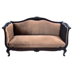 an antique style couch with black trim and velvet upholstered back, on a white background