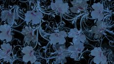 an abstract floral background with swirls and flowers in shades of blue on a black background