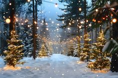 a snowy path with christmas lights in the trees and snow flakes on the ground