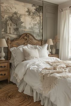 a bed with white linens and pillows in a bedroom next to a painting on the wall