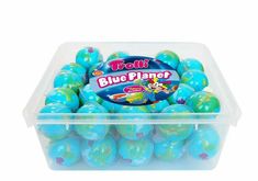 a plastic container filled with blue and green balls