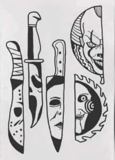 an image of three knives with faces drawn on the sides and one has a knife sticking out of it