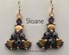 two pairs of beaded earrings with gold and purple beads on the bottom one is shaped like a christmas tree