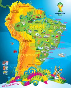 the map of south america with all its major cities and their national emblems on it