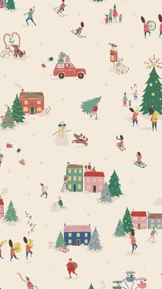 a christmas scene with people and trees in the snow, on a white wallpaper background