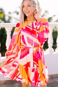 This long-sleeve dress captivates with its bright and colorful abstract print, creating a truly eye-catching ensemble. The tied waist flatters your figure, adding a touch of sophistication to the vibrant design. Perfect for an art gallery visit or a chic city stroll, this dress makes a bold fashion statement. This dress features a round neckline, long bubble sleeves, a colorful abstract print, and a tied waist.  Material has no amount of stretch.Cam is wearing the small. Script Analysis, Make Your Choice, Maximalist Style, Abstract Dress, Fiesta Birthday, Outfits Spring, Friend Outfits, Life Tips, Beauty And Lifestyle