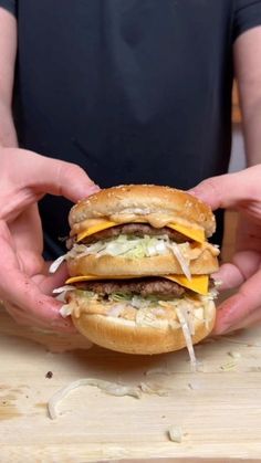 two hands holding a sandwich with cheese and meat