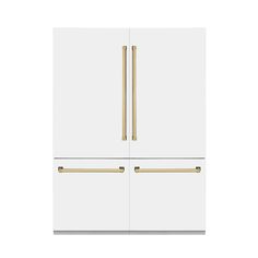 a white refrigerator freezer with gold handles and two doors on the front, against a white background