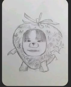 a drawing of a child's face with a bow on it, in the shape of a strawberry