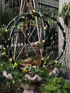 a garden with plants and lights around it